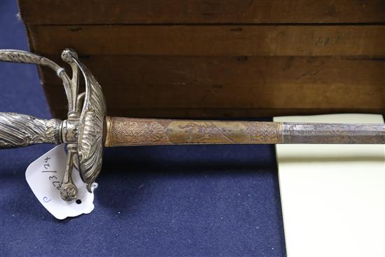 A 17th century English silver plated and steel sword, 35.25in.